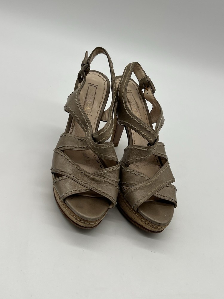 Prada Gray Strappy Slingback Heels Womens Size 40 US 9.5 Tan Sandals
