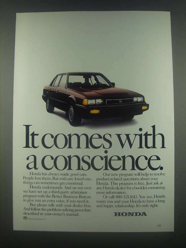 1985 Honda Cars Ad - It Comes With a Conscience