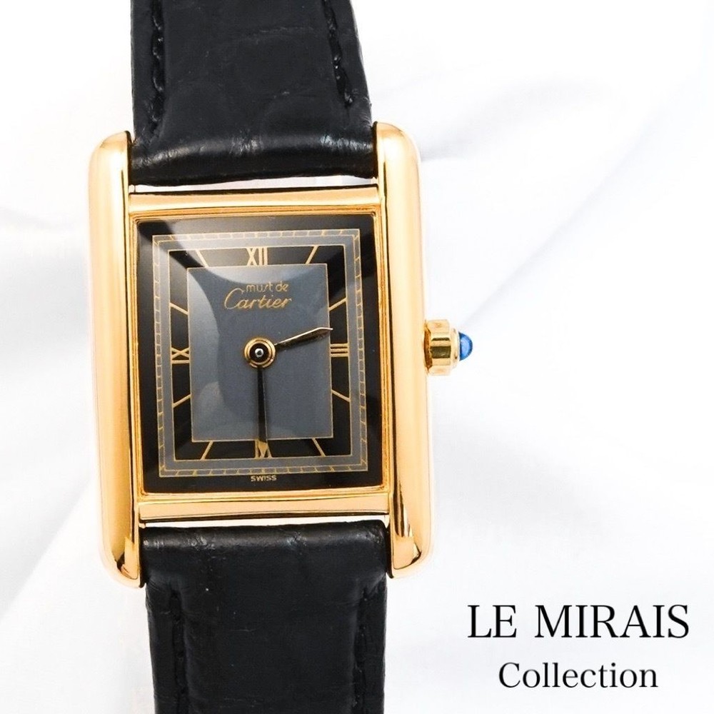 Cartier Must Tank SM Gray/Black Dial [Overhauled / S-Rank / Genuine D-Buckle]