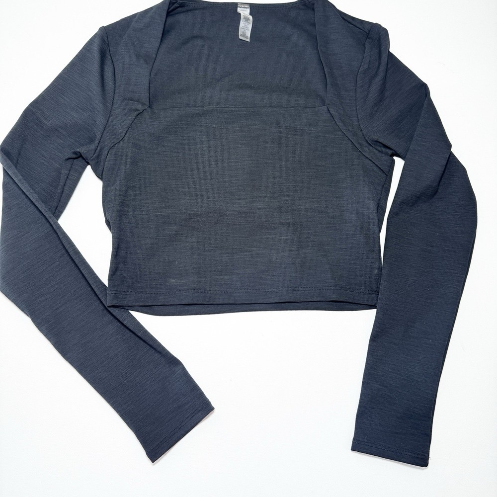 Beyond Yoga Heather Rib Frame Cropped Pullover Small Black HR7882 Square Neck