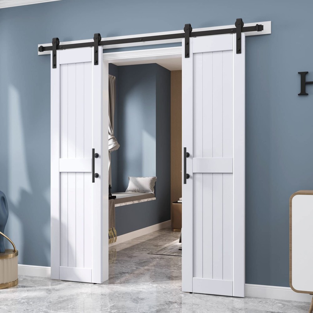 42x84 Inch White Barn Door with 7FT Sliding Hardware - Double 21x84 Design