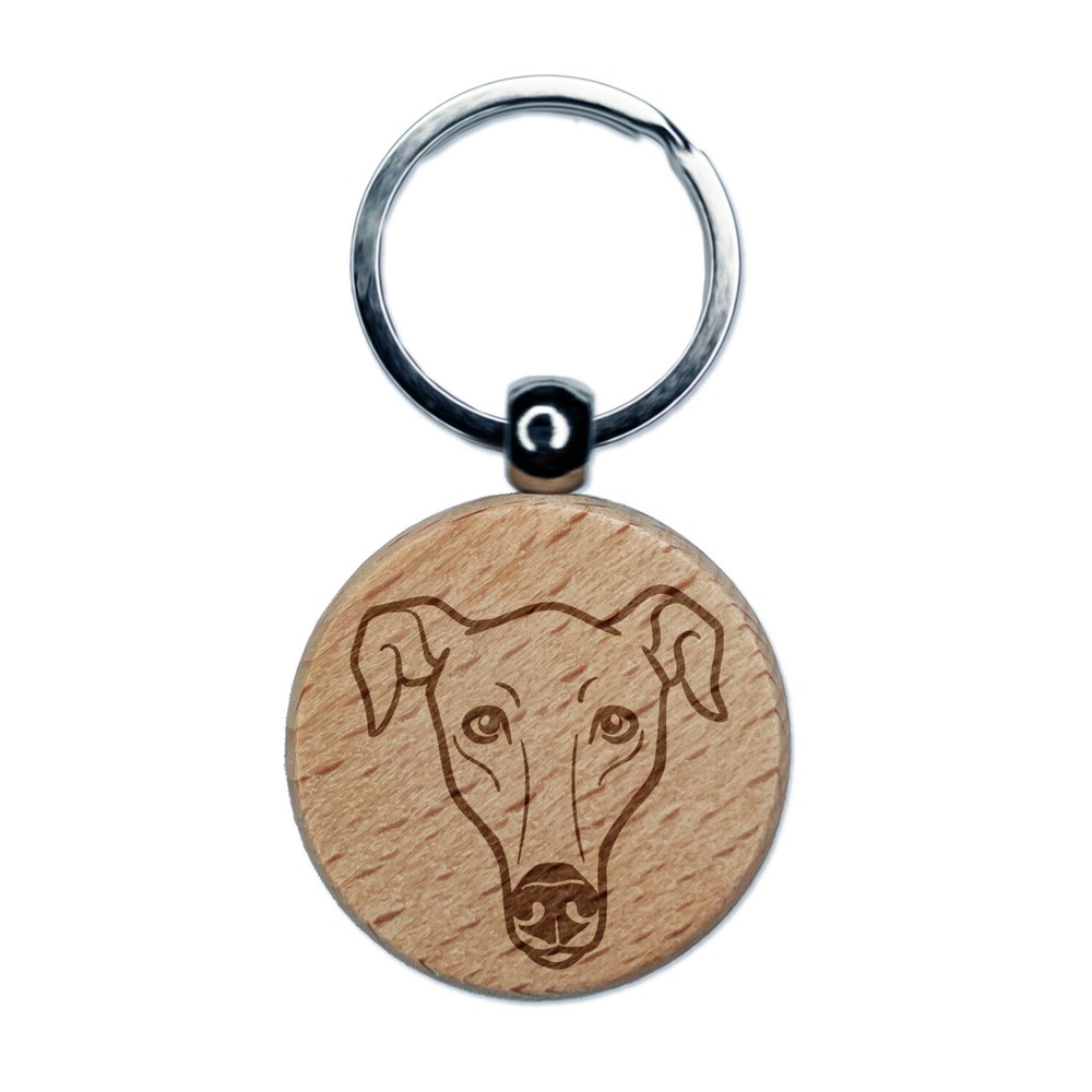 Greyhound Dog Head Engraved Wood Round Keychain Tag Charm