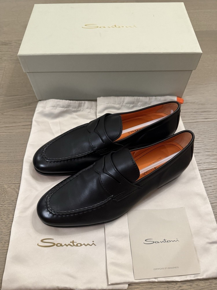 Santoni Black Leather Penny Loafers EU 85 – Men Shoes, Brand New, Luxury Italian