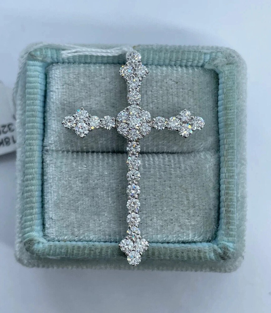 2Ct Round Cut Real Diamond Cross Pendant 14K White Gold Plated 18