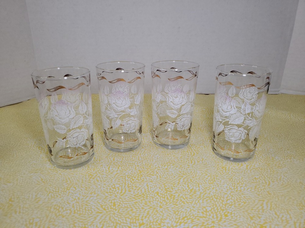 Set Of 4 Vintage Libbey White Roses Leaf W/ Gold Ribbon Hostess Bar Glasses