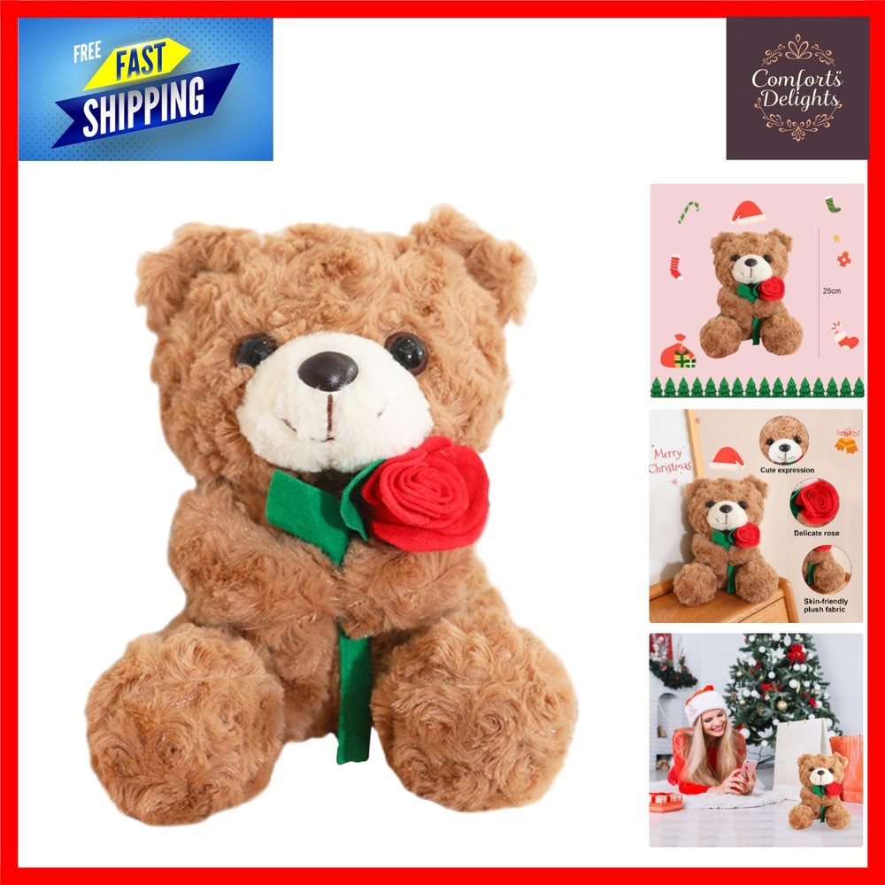Adorable 25cm Teddy Bear Plush Toy With Rose Christmas Stuffed Animal Gift
