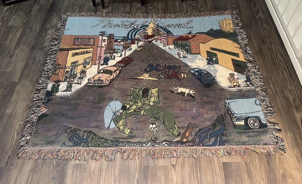 VTG Grateful Dead Shakedown Street Woven Throw Blanket Tapestry 60x50 Hippie Decor