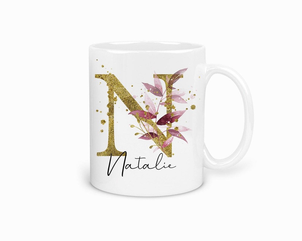 Personalized Gold Glitter Floral Initial Name Mug Custom Gift for Friends