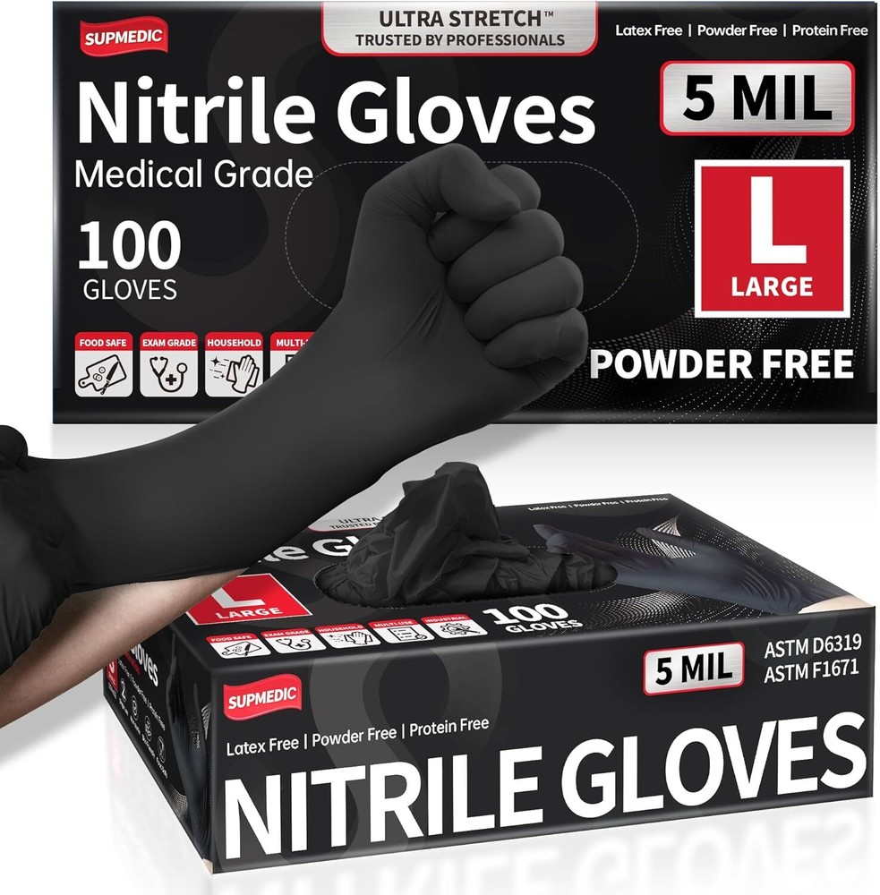 Disposable Nitrile Exam Gloves, 5 Mil Chemical Resistant Black (Large 100)