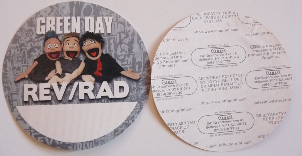 Green Day RARE Muppets Tour Concert Gray Rev/Rad Backstage Pass D6