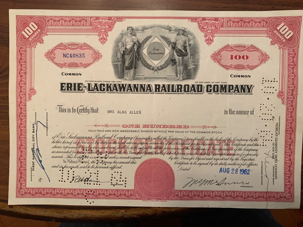 Erie Lackawanna Railroad Common Stock Certificate for 100 Shares Vintage Collectible