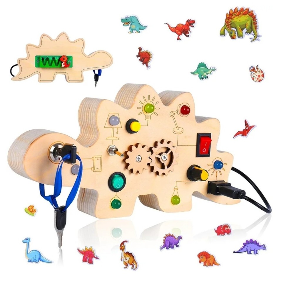 Wooden Dinosaur Activity Board for Toddlers Learning Fine Motor Skills