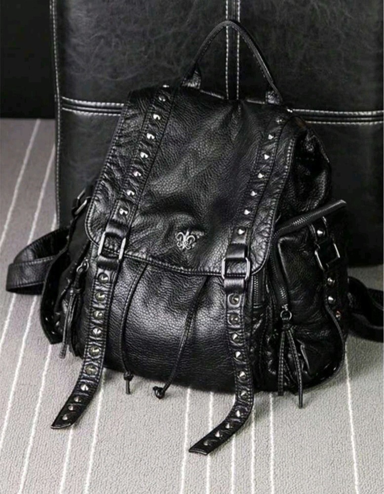 Gothic Black Leather Studded Backpack Rock Punk Women Travel Shoulder Bag