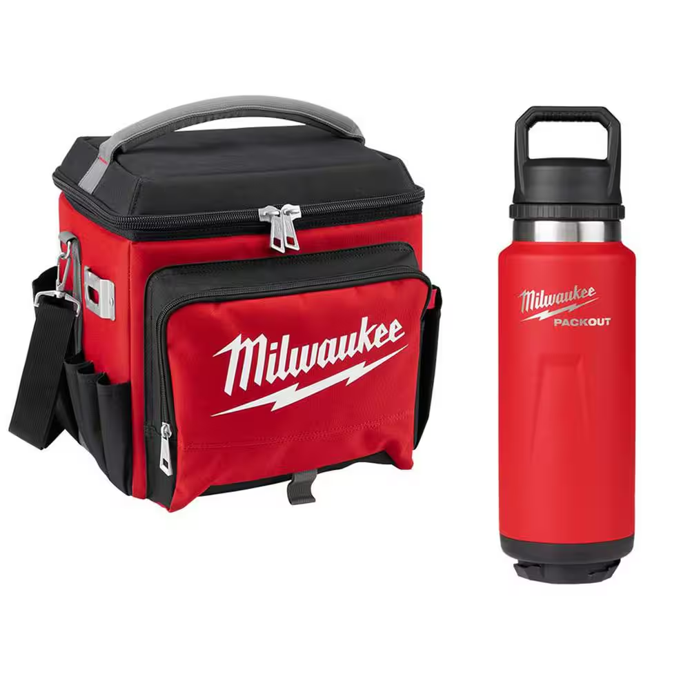 21 Qt. Soft Sided Jobsite Lunch Cooler with PACKOUT Red 36 Oz. Insulated Bottle