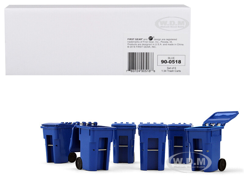 SET OF 6 BLUE GARBAGE TRASH BINS REPLICA 1/34 SCALE MODELS BY FIRST GEAR 90-0518