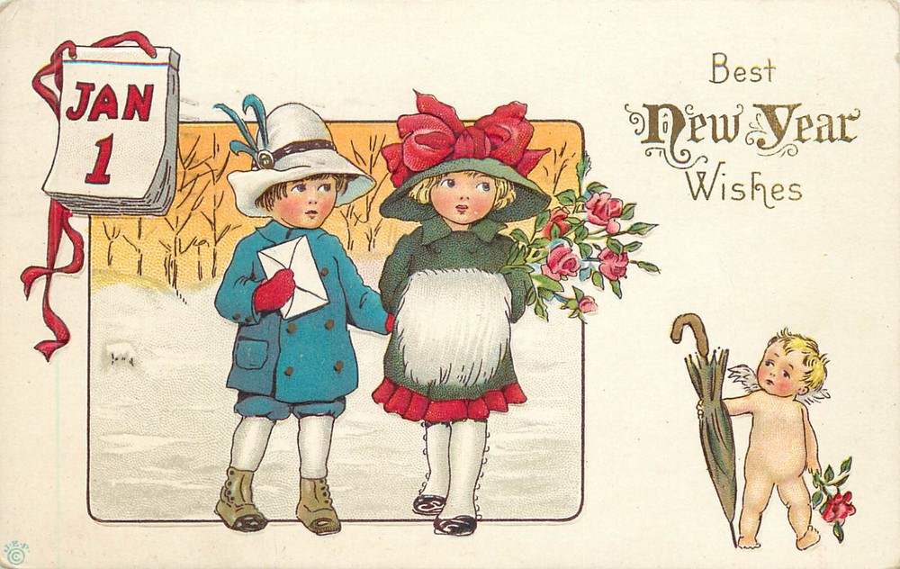 Embossed New Years Postcard Stecher 56 Featuring Cherub Offering Umbrella to Children Vintage Design-image