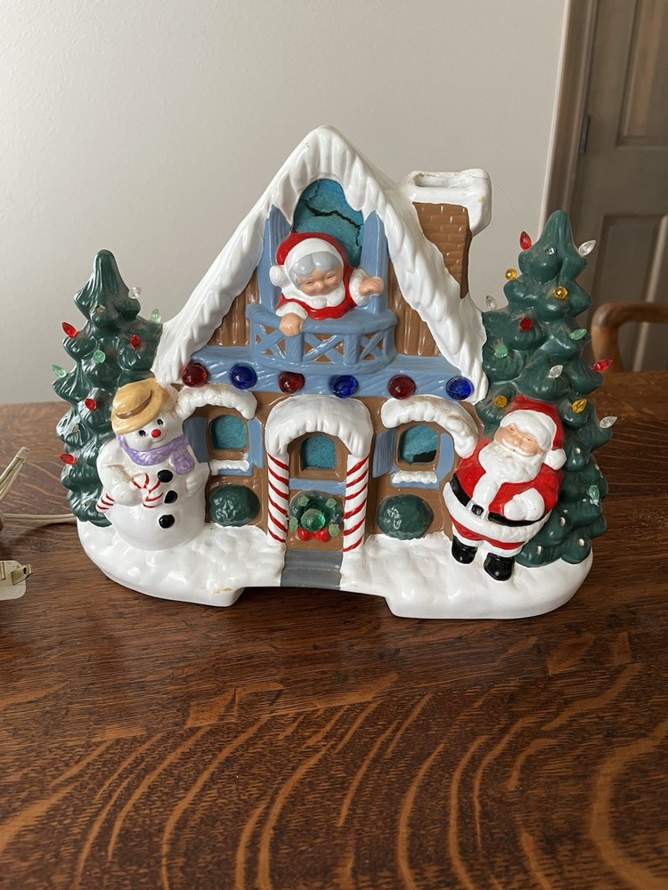 Vintage Ceramic Mold Christmas Tree Santa & Snowman Cottage House Lighted