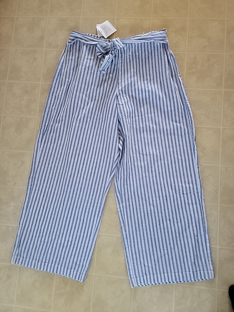 Beach Lunch Lounge Women's Blue White Striped Wide Leg Pants Linen XL NEW