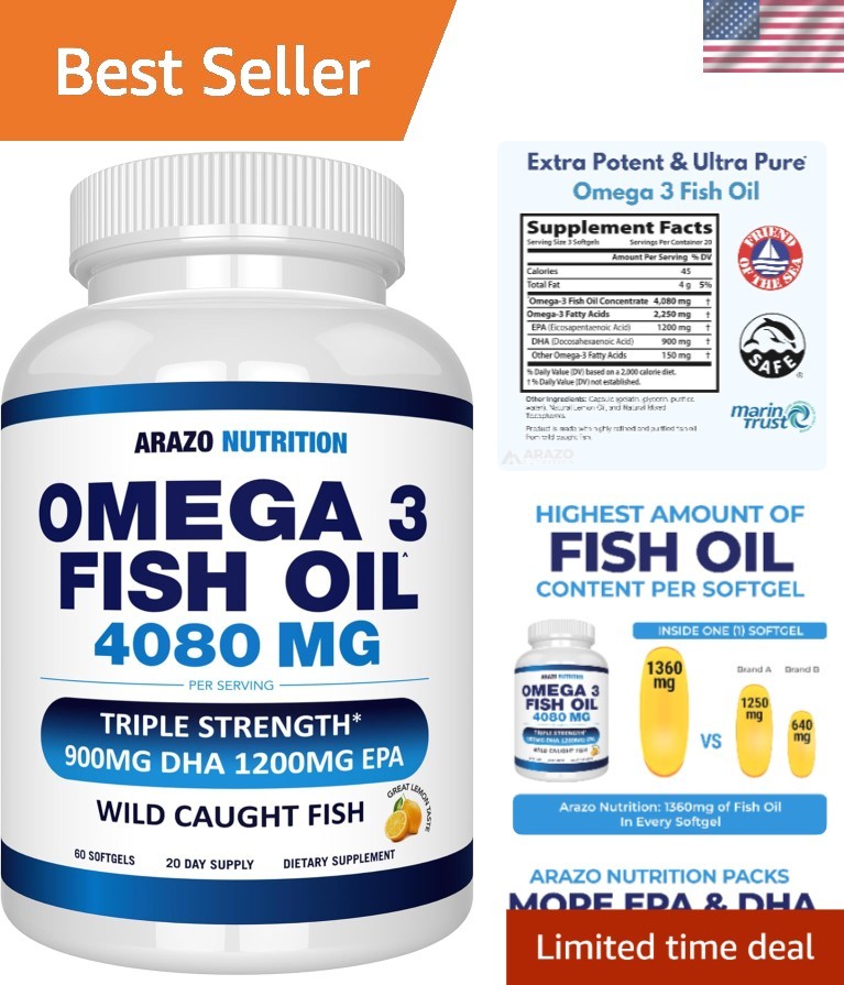 Burpless Omega 3 Fish Oil – 60 Softgels – Lemon Flavor for Heart Health