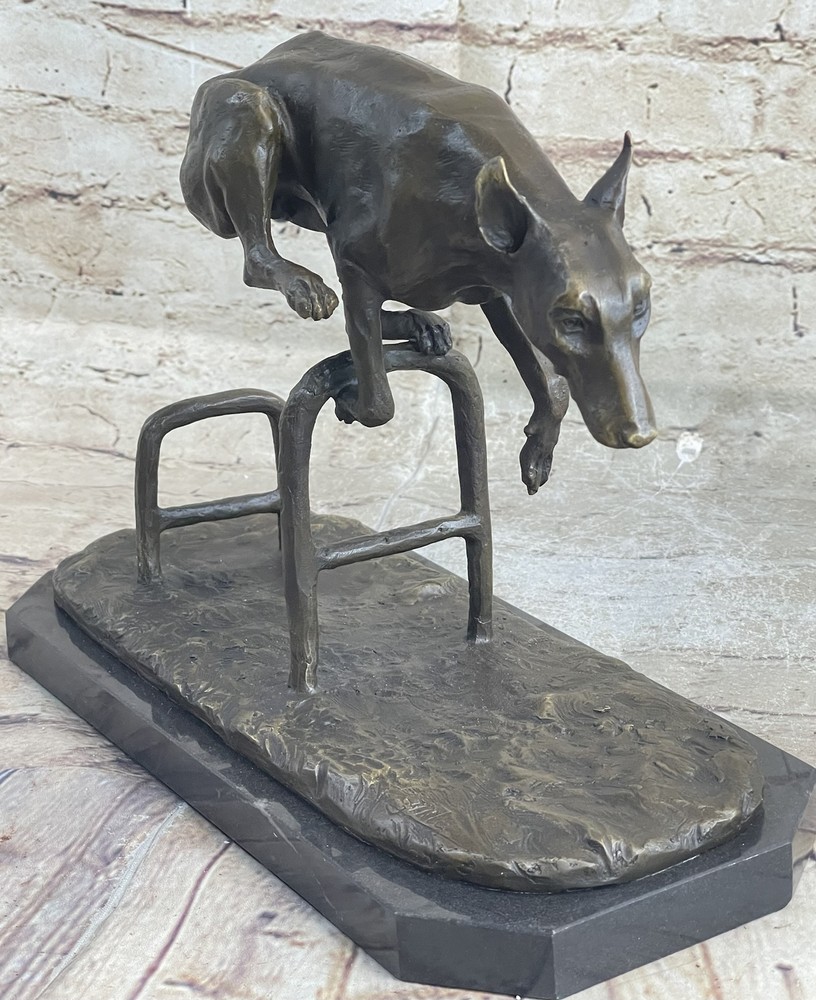 Living Bronze Doberman Pinscher Dog cast bronze statue on marble base 1994 Art