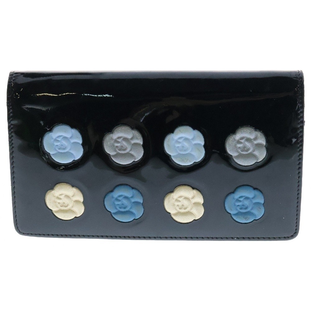 CHANEL Camellia Makeup Palette Wallet Patent Long Wallet Black Coco Mark Itary