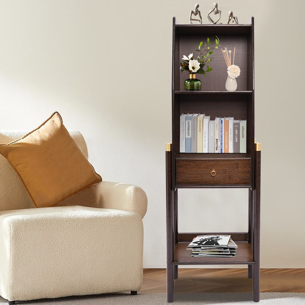 4-Tier Bookshelf Bamboo+Density Board Display Rack w/ Drawer Freestanding Shelf