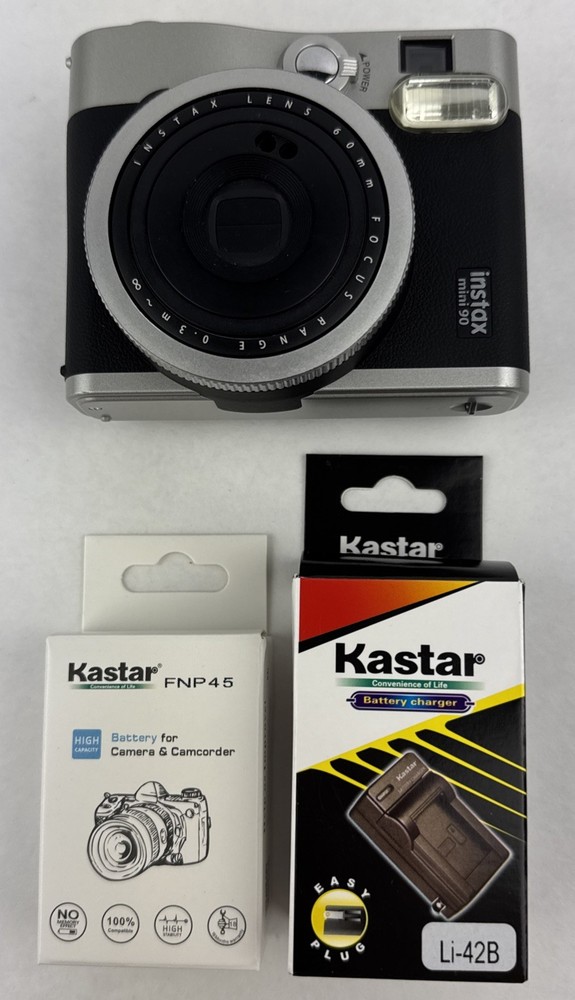 Fujifilm Instax Mini 90 Neo Classic Camera Black Silver with Battery Charger Tested & Functional