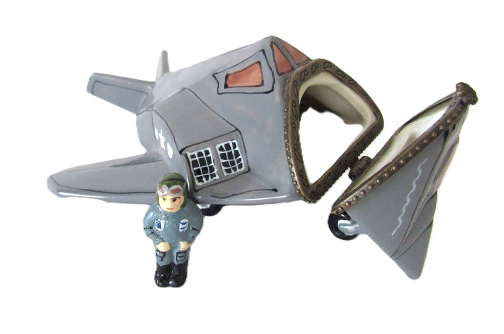 Military Stealth Fighter Plane Ceramic Hinged Trinket Box with Pilot Vintage