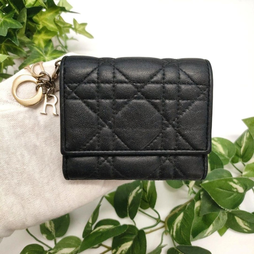 Dior Tri-Fold Lotus Canage Wallet Black Lamb Leather Pre-Owned