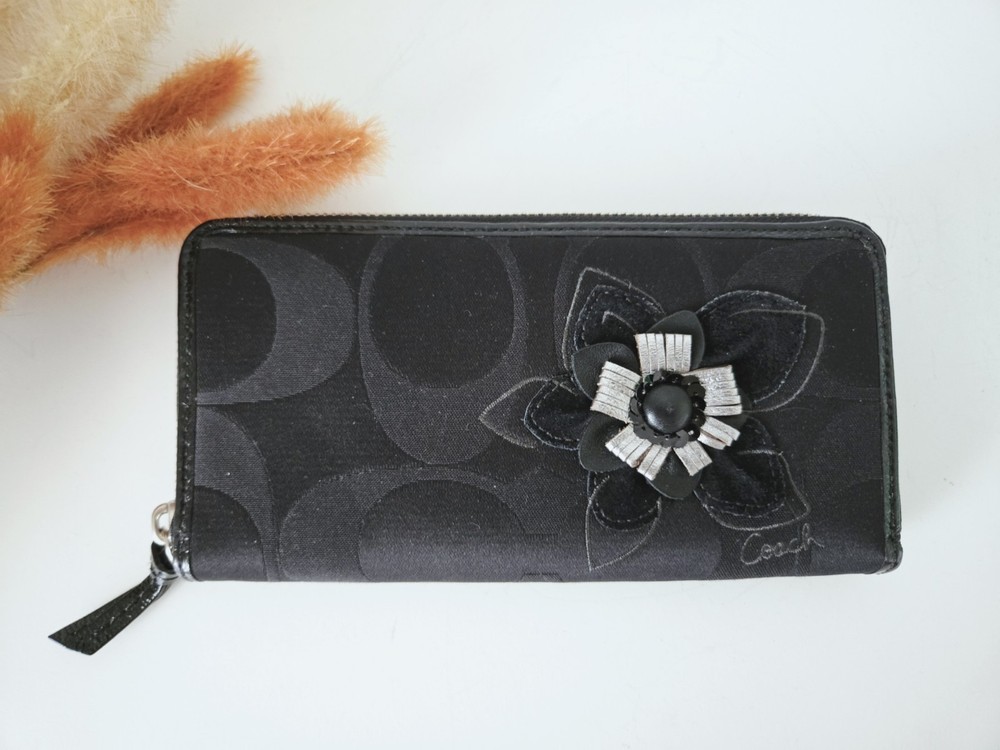 COACH Black Floral Appliqué Zip Around Signature Wallet  