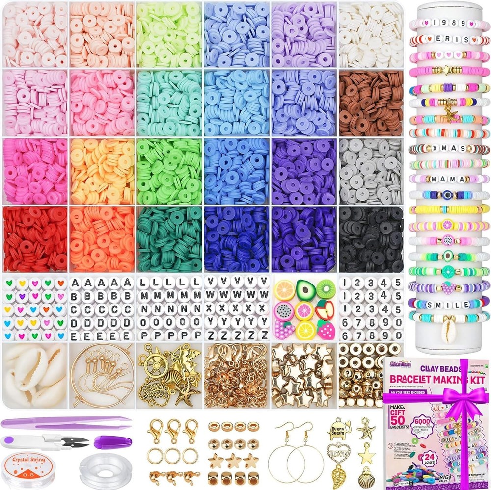 Gionlion 6000 Clay Beads Kit with 24 Colors for DIY Bracelet Making
