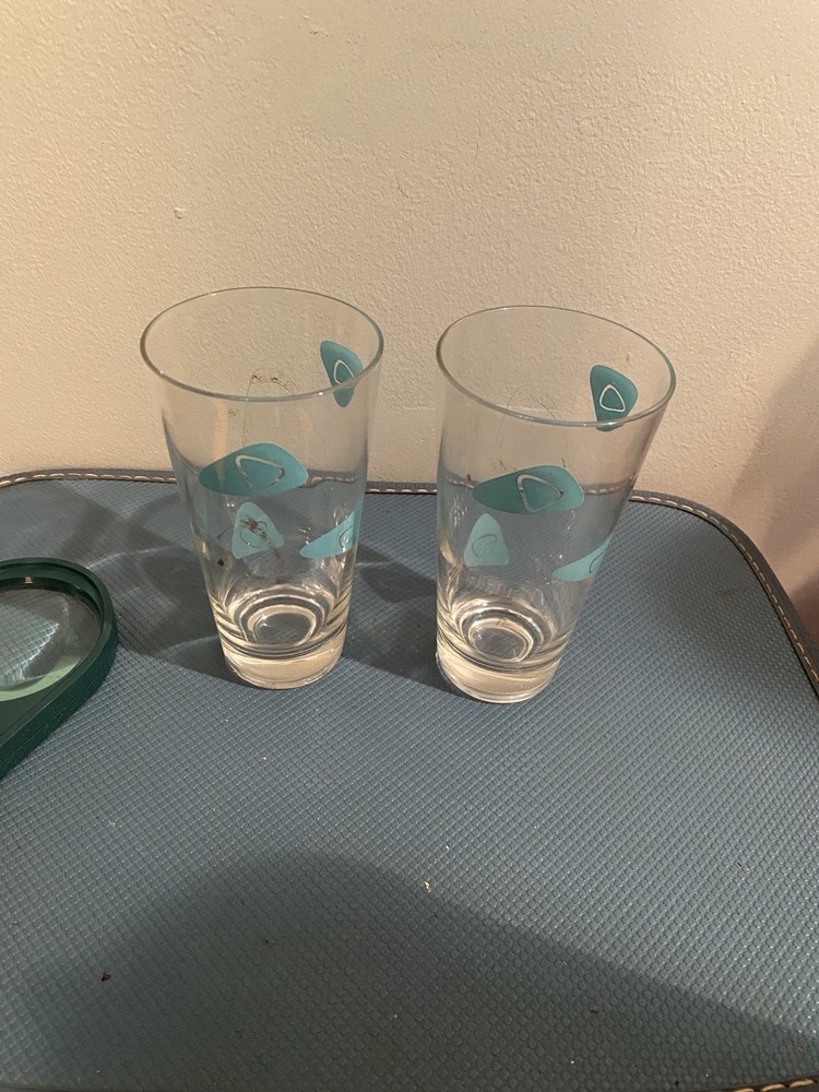 Vtg MCM Federal Glass Atomic Amoeba Boomerang Cocktail Glasses Turquoise Clear 7
