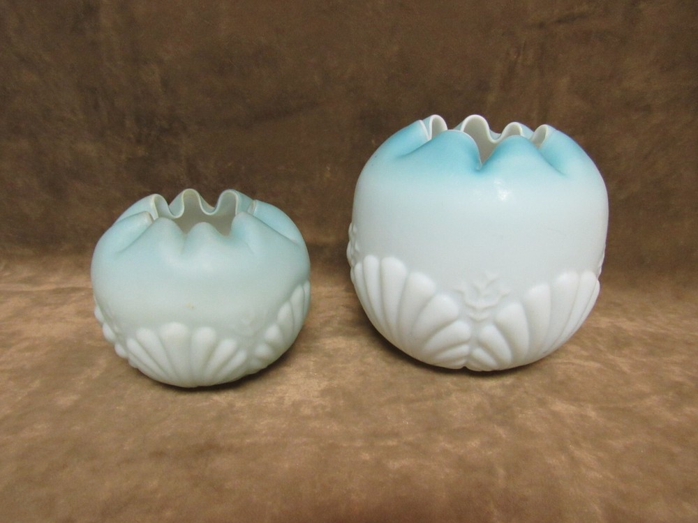 Victorian Consolidated Glass Blue White Satin Shell & Seaweed Rose Bowl Vase Lot