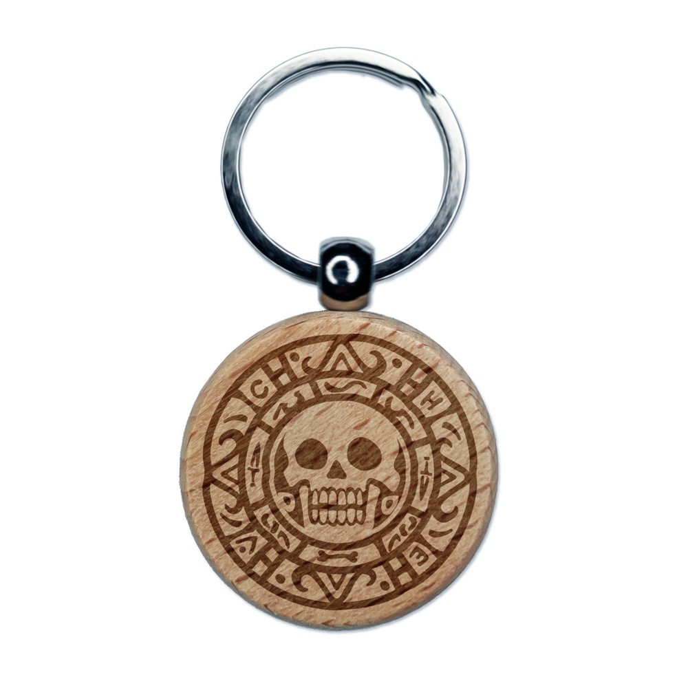 Skull Pirate Coin Engraved Wood Round Keychain Tag Charm