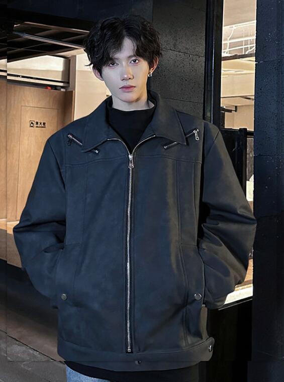 Men's Punk Faux Leather Jacket with Zipper Lapel Winter Warm Short Coat