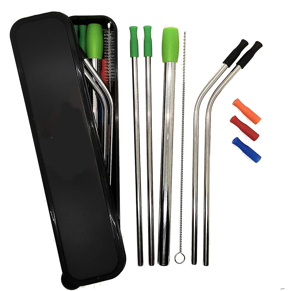 Reusable Stainless Steel Metal Drinking Straws w/ Tips Carry Case Cleaning Brush