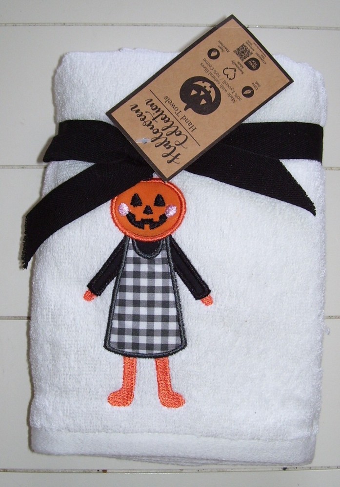 Halloween Collection Set of 2 White Girl Boy Pumpkin Head Hand Towels