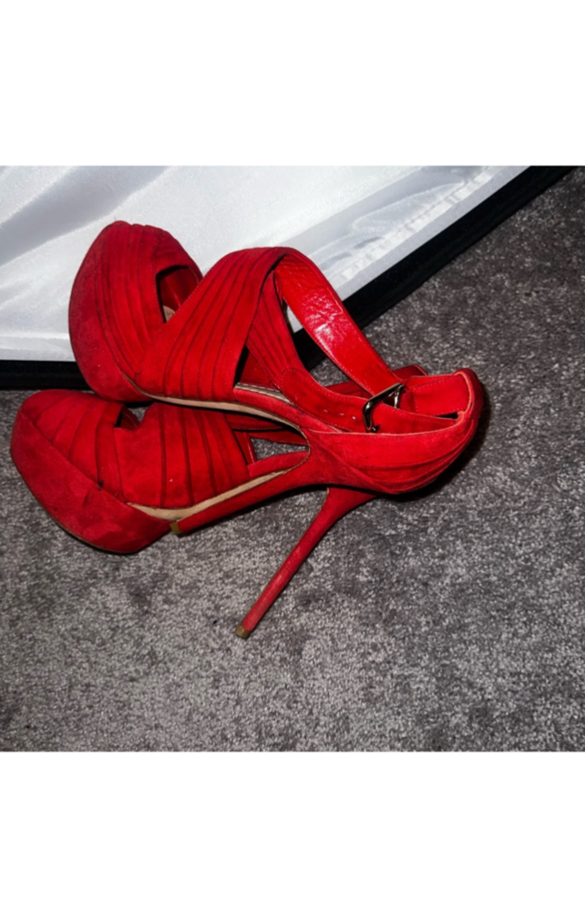 Vintage red suede Dior peep-toe platform heels size 10