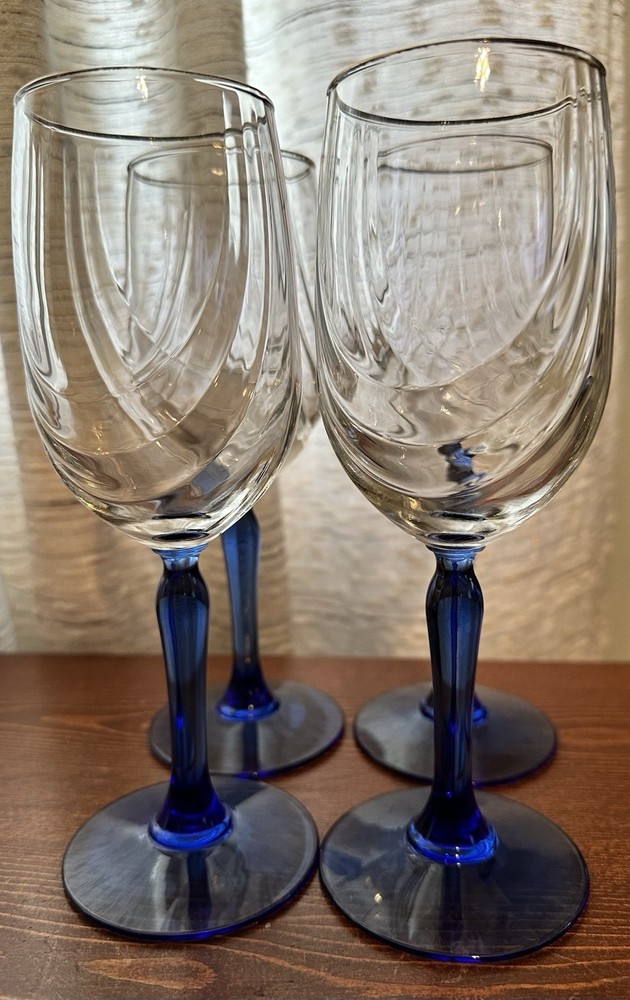 Vintage Libbey Crystal Blue Drape Bowl Goblets with Clear Stem 8 1/8 Inch Tall 10 Oz