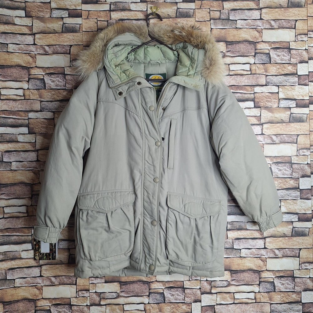 Cabelas Goose Down Coat Mens M Light Beige Hooded snap Zip