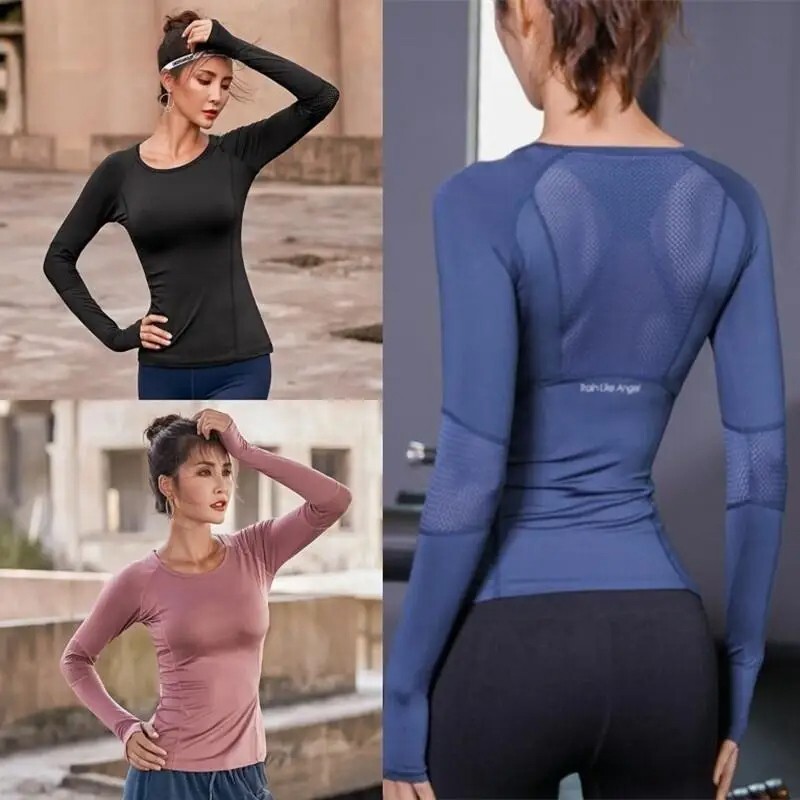 Women Yoga Shirts, Long Sleeve, Breathable Mesh Slimming Gym Workout Top Fitness