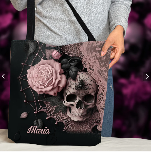 Personalized Skull Tote Bag, Roses And Skull Handbag