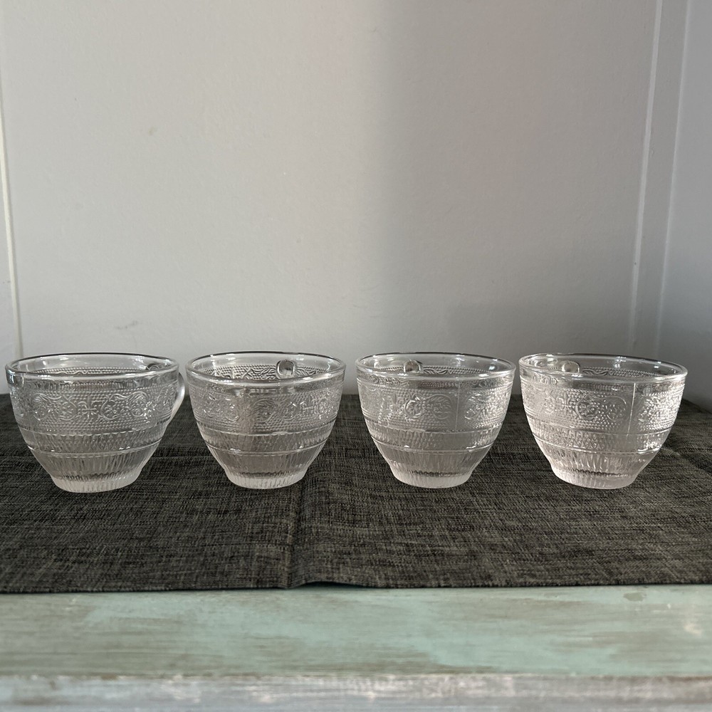 Vintage Trellis Sandwich Punch Bowl Glass Cups Set of 4