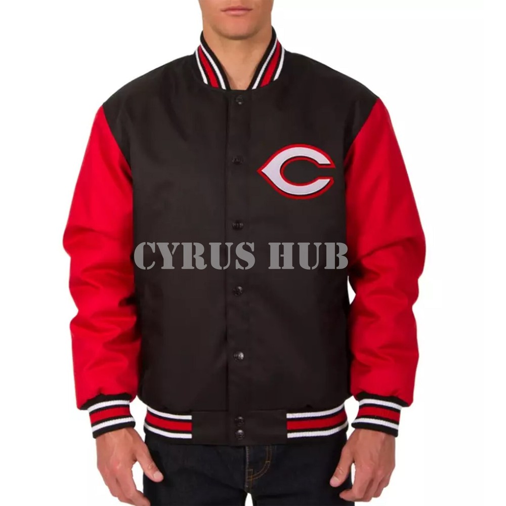 Cincinnati Reds Varsity Jacket - Black Wool Body & Red Leather Sleeves Letterman