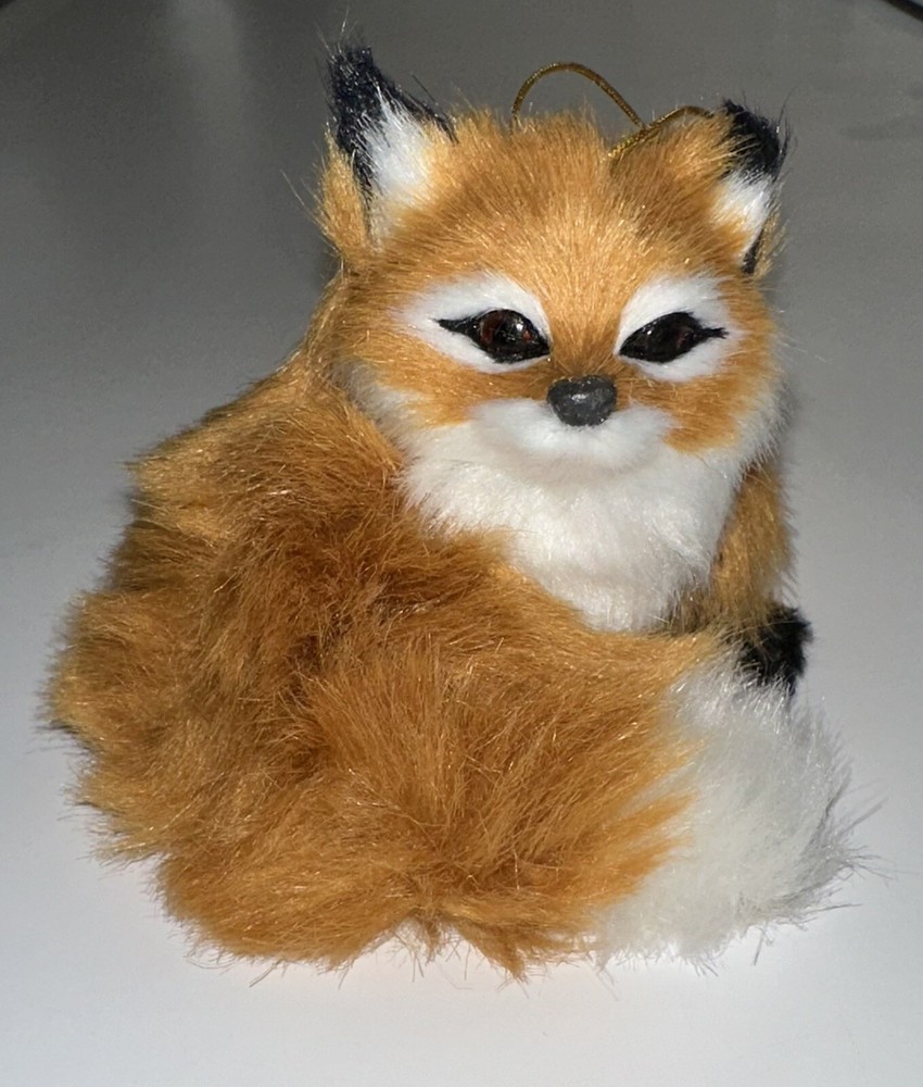 Red Fox Faux Fur Christmas Ornament with Gold Hanger 3.5x4x3 Inches
