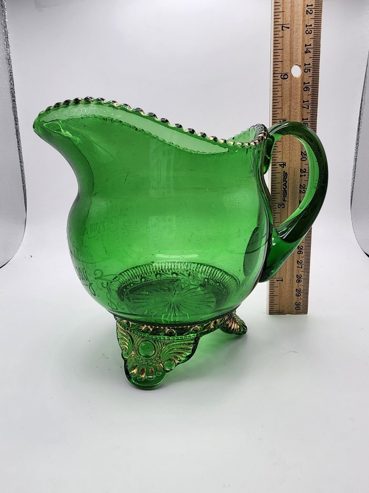Antique 1898 EAPG US Glass Green Colorado Lacy Medallion Footed Creamer Engraved