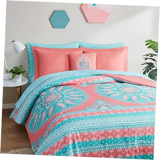 Bed in A Bag Size, Boho Mandala 8 Piece Complete Comforter Sets Queen Coral