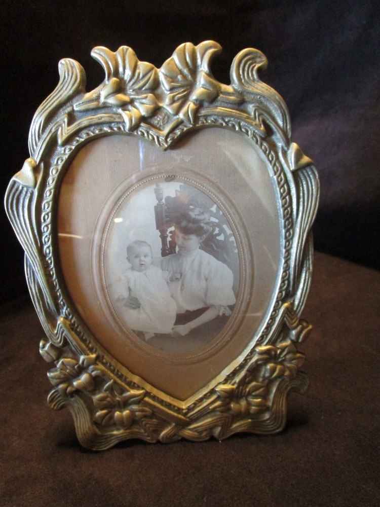 Vintage Art Nouveau heart shaped Photo frame folding easel leg w/ mother & baby