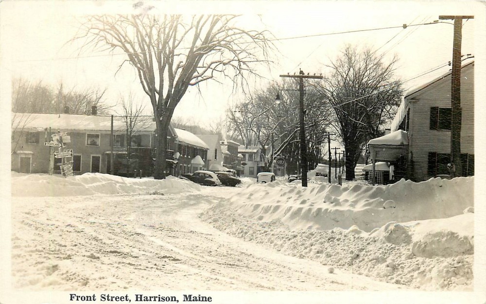 1946 Harrison Maine Front Street winter residence autos RPPC Postcard 25-6175