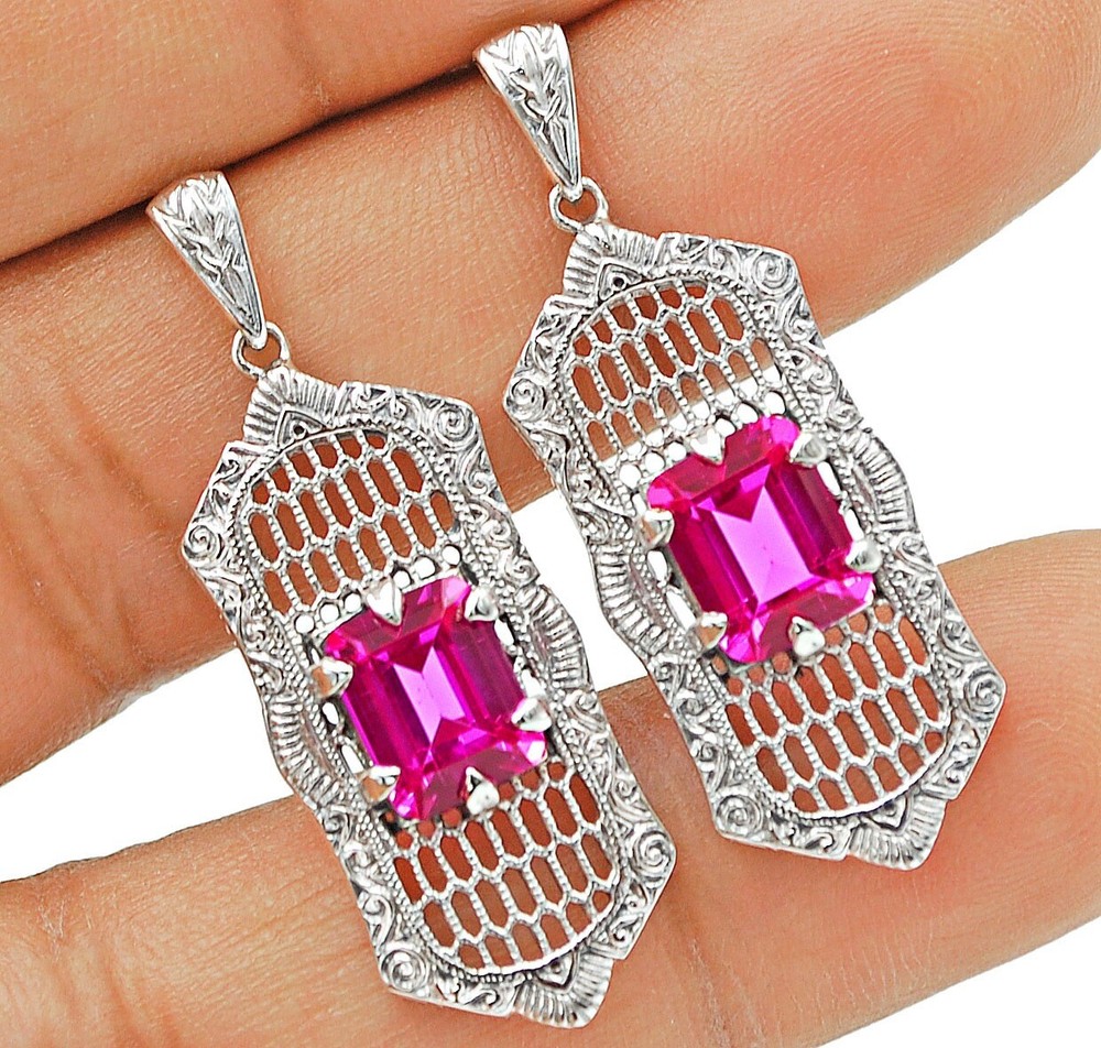 6CT Treated Sapphire 925 Sterling Silver Victorian Style Earrings UM250